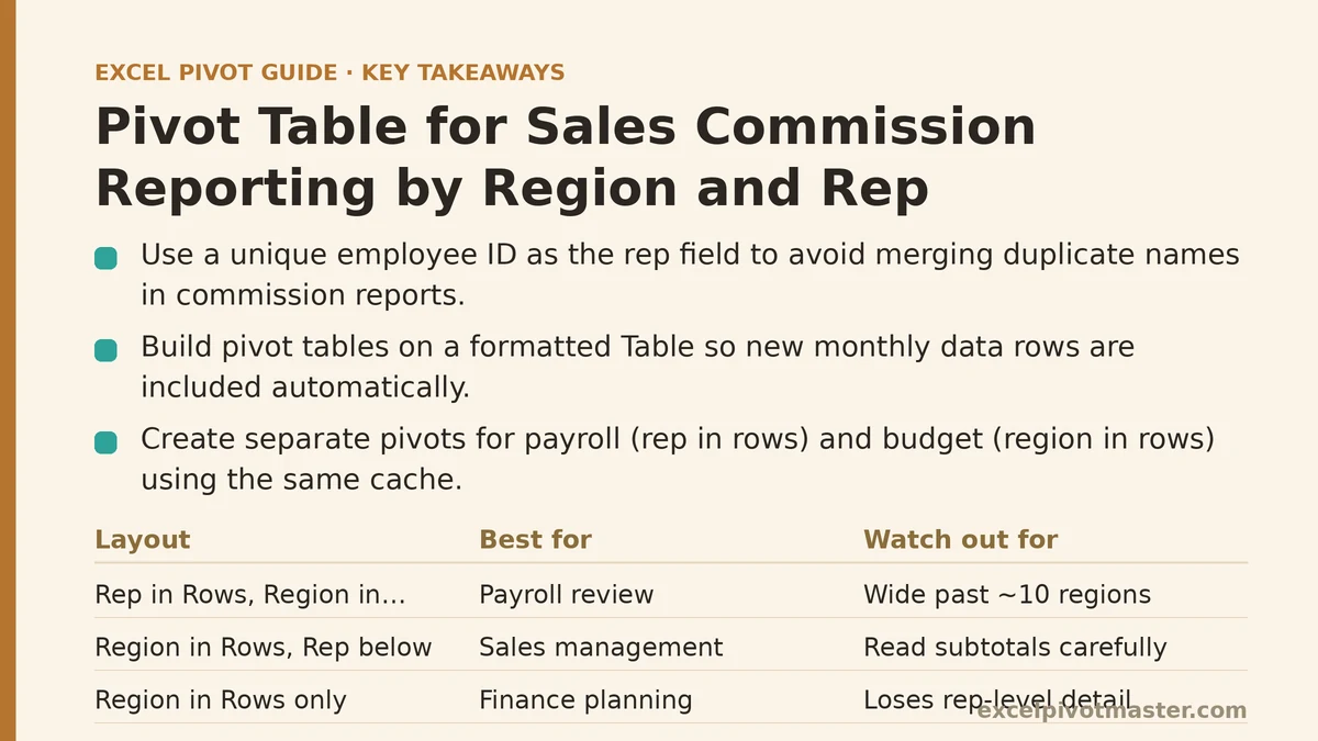 Pivot Table for Sales Commission Reporting by Region and Rep